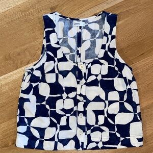 Linen Crop Navy Blue & White Geometric Abstract Tank Top Blouse Relaxed Fit